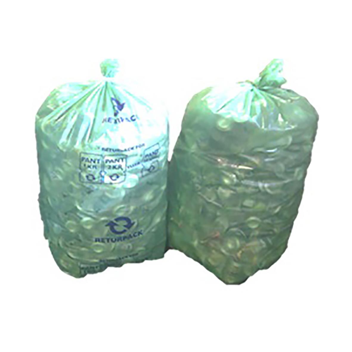 Två transparenta plastpåsar med pantburkar, 240L, för återvinning