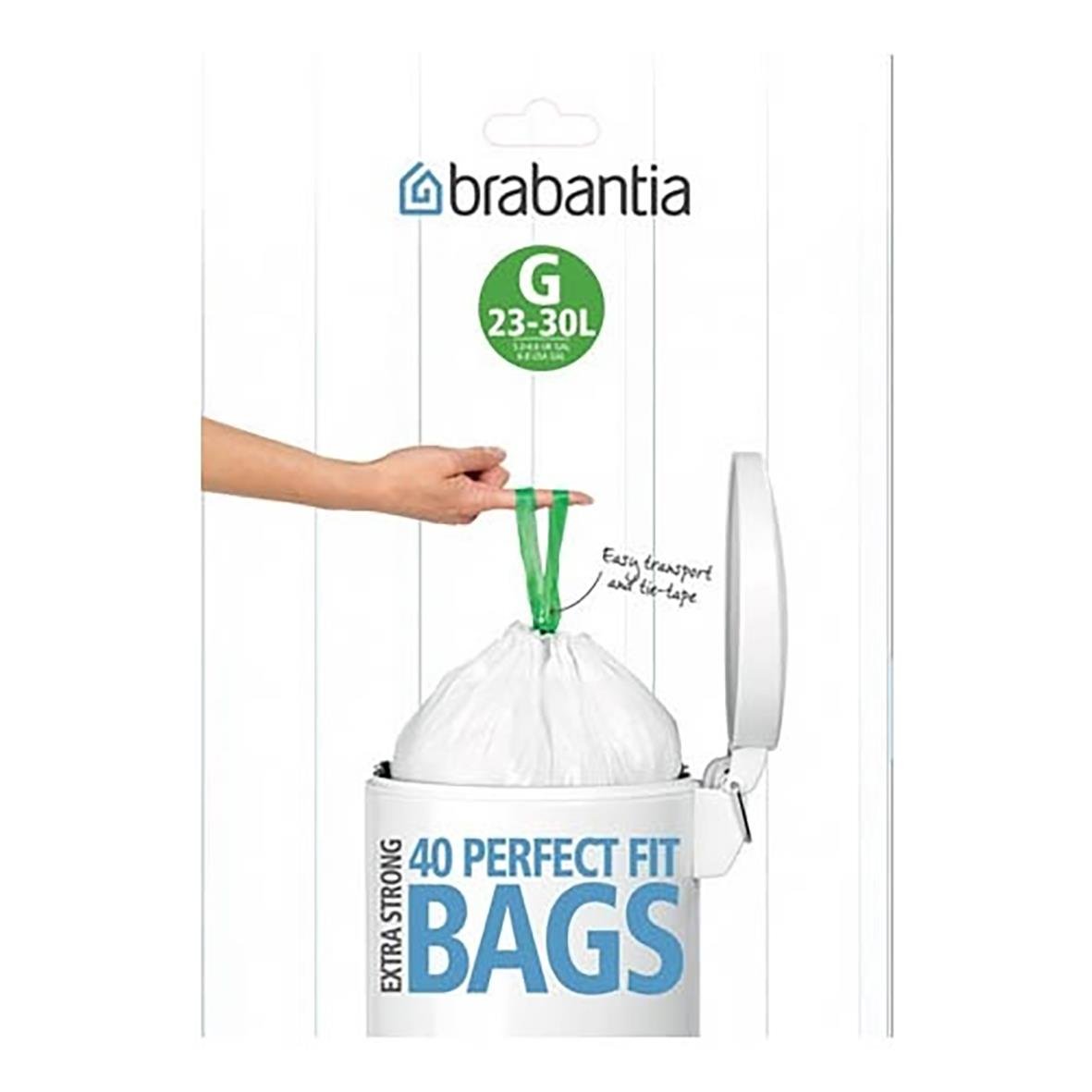 Avfallspåse Brabantia PerfectFit 23-30L G med hand som placerar påsen i en soptunna