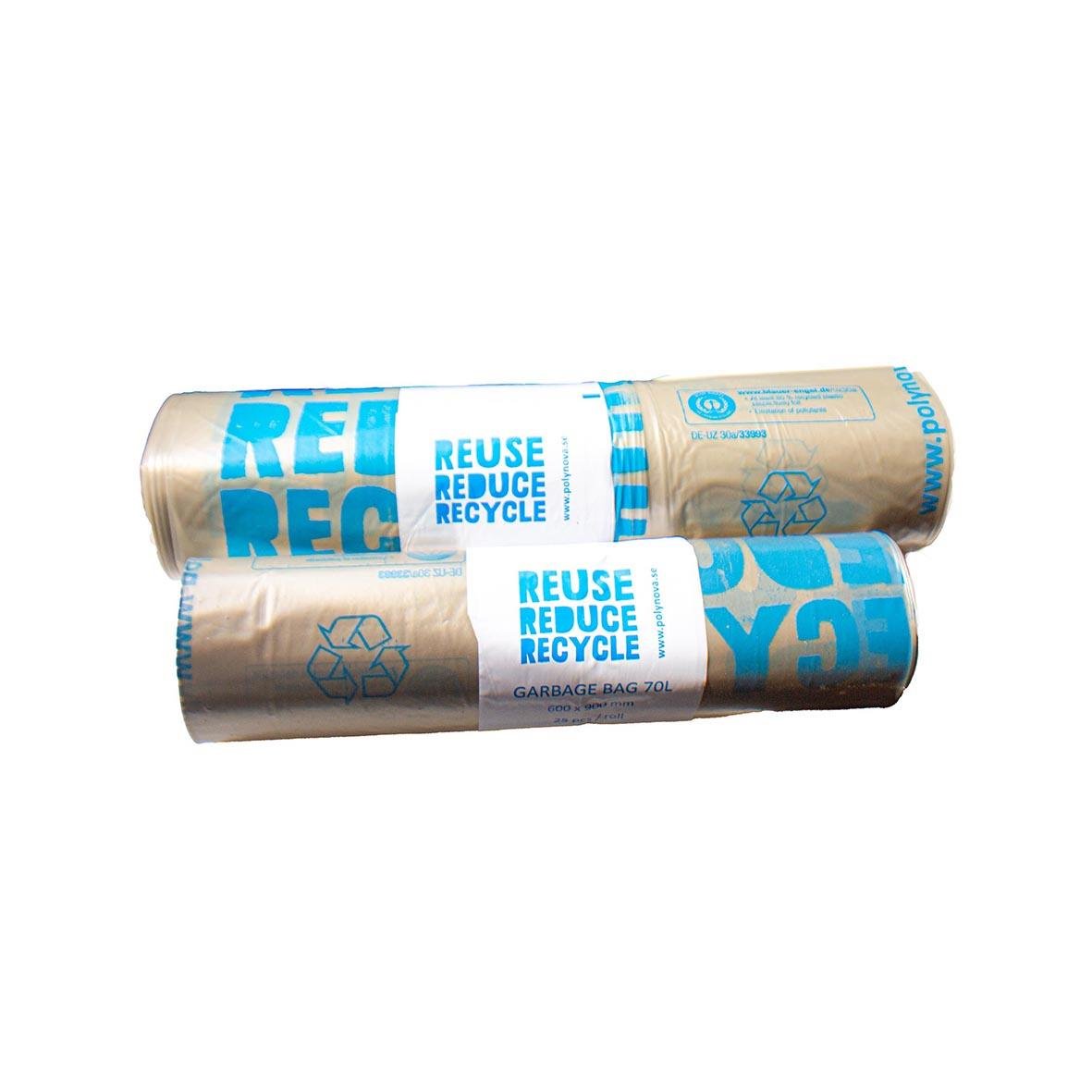 Två transparenta sopsäckar med blå text och återvinningssymbol, storlek 125L, 40my, 750x1150mm