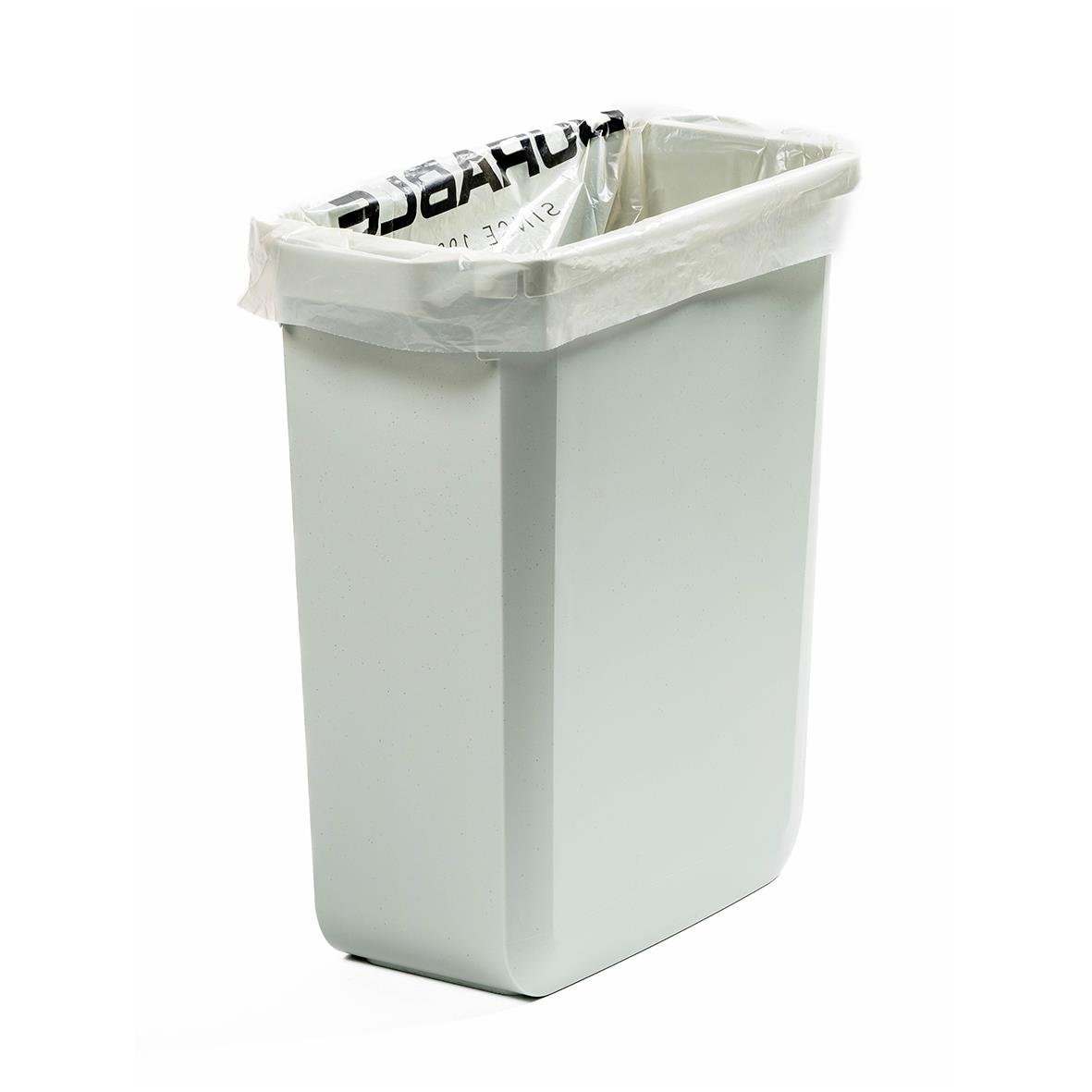 Transparent sopsäck Durabin 110L 35my, 770x1000mm, i en vit soptunna
