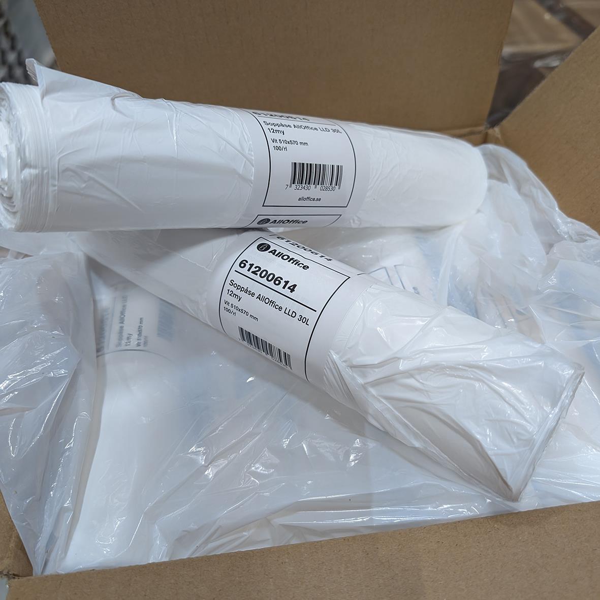 Vit soppåse AllOffice LLD 30L 12my, 510x570mm, i plastpåse