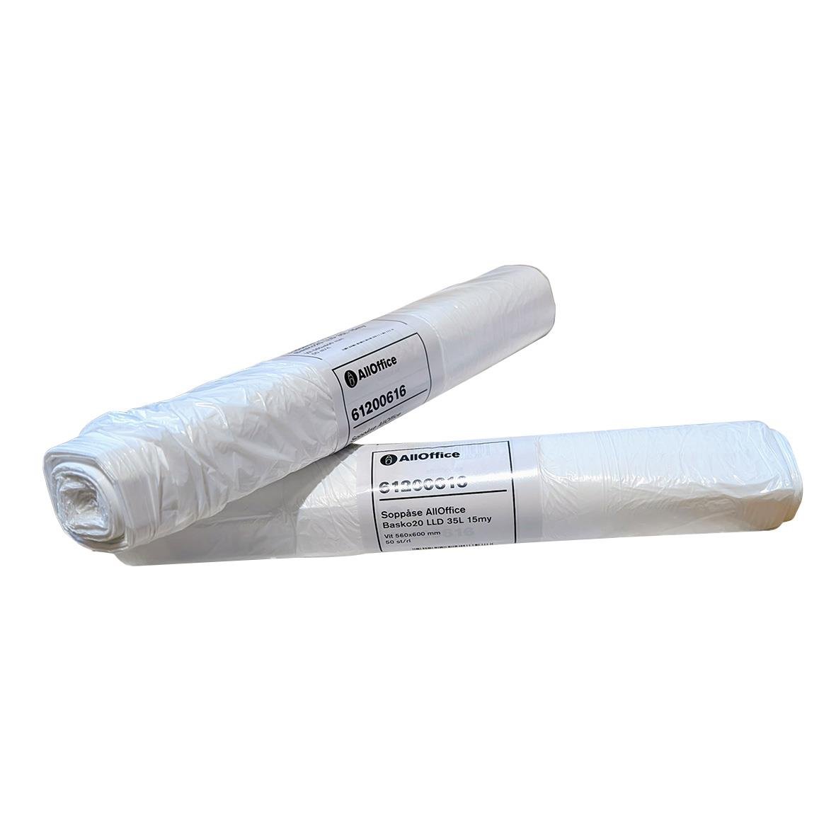 Två vita soppåsar från AllOffice Basko, 20 L och 35 L, 560x600mm