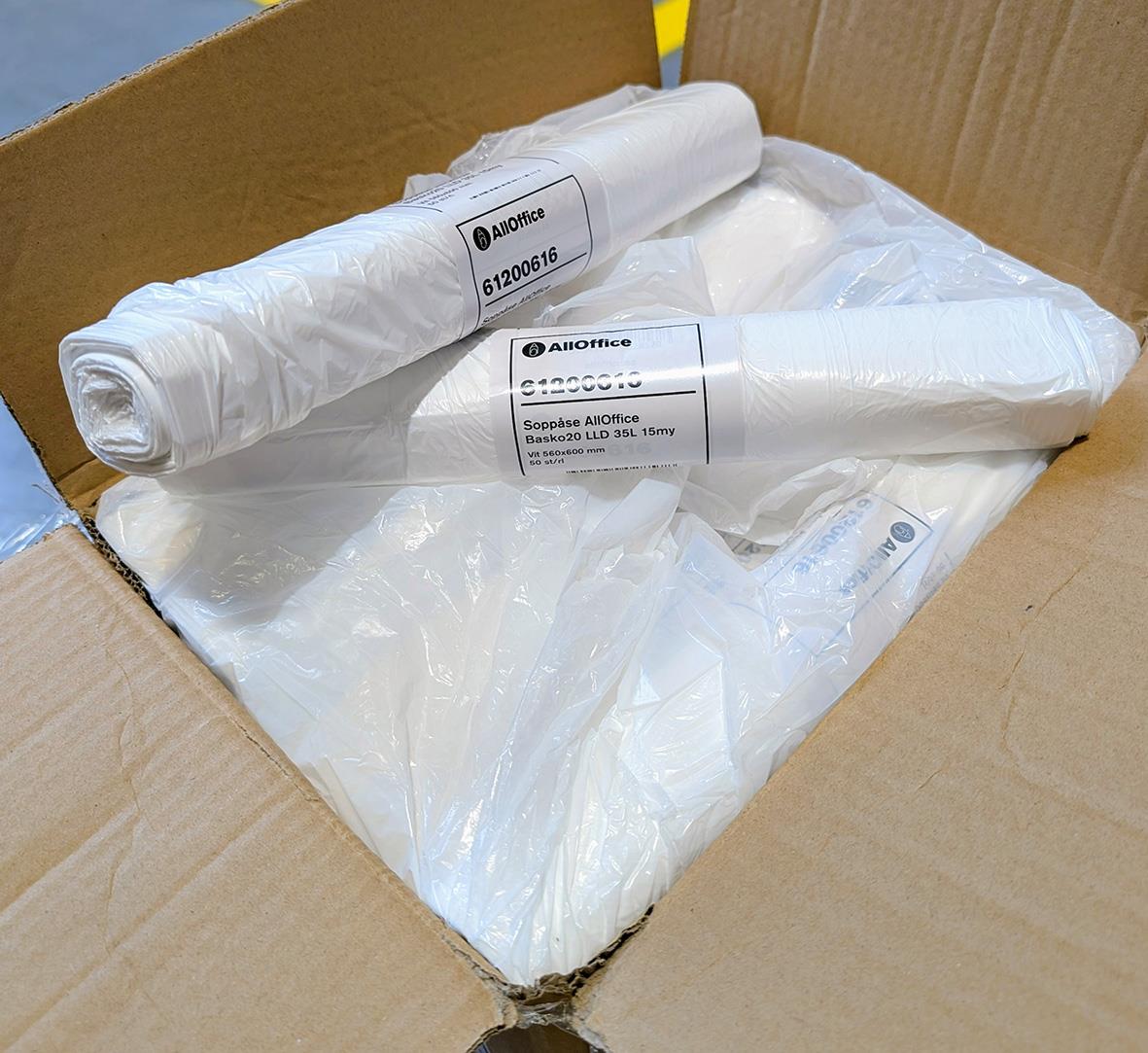 Soppåsar i plast för kontorsbruk, vita, 20 L och 35 L, i förpackning