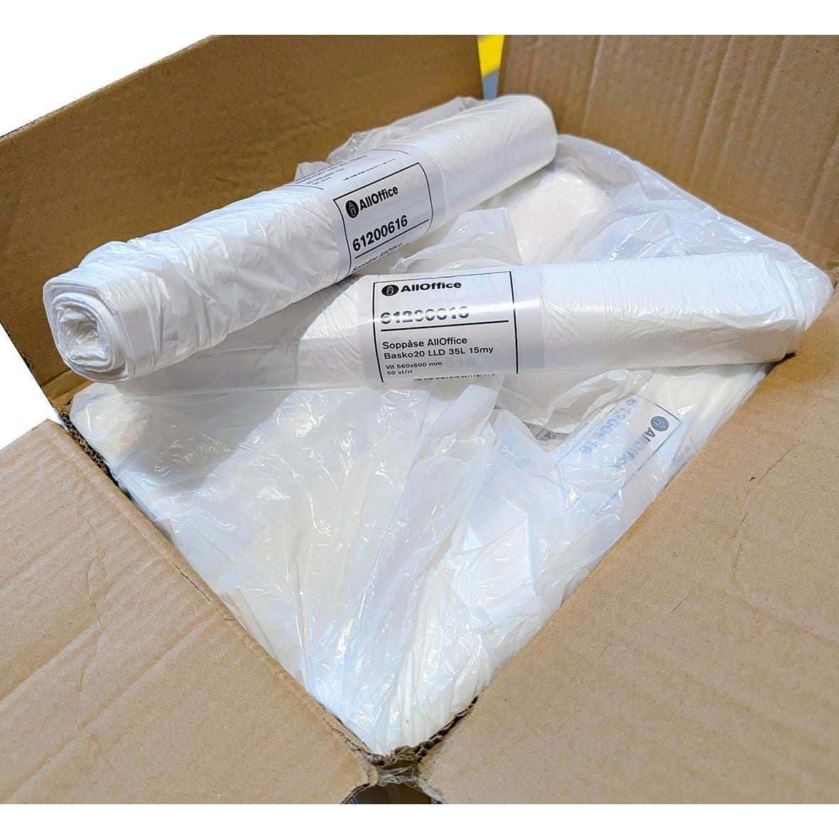 Soppåsar i plast för kontorsbruk, vita, 20 L och 35 L, i förpackning