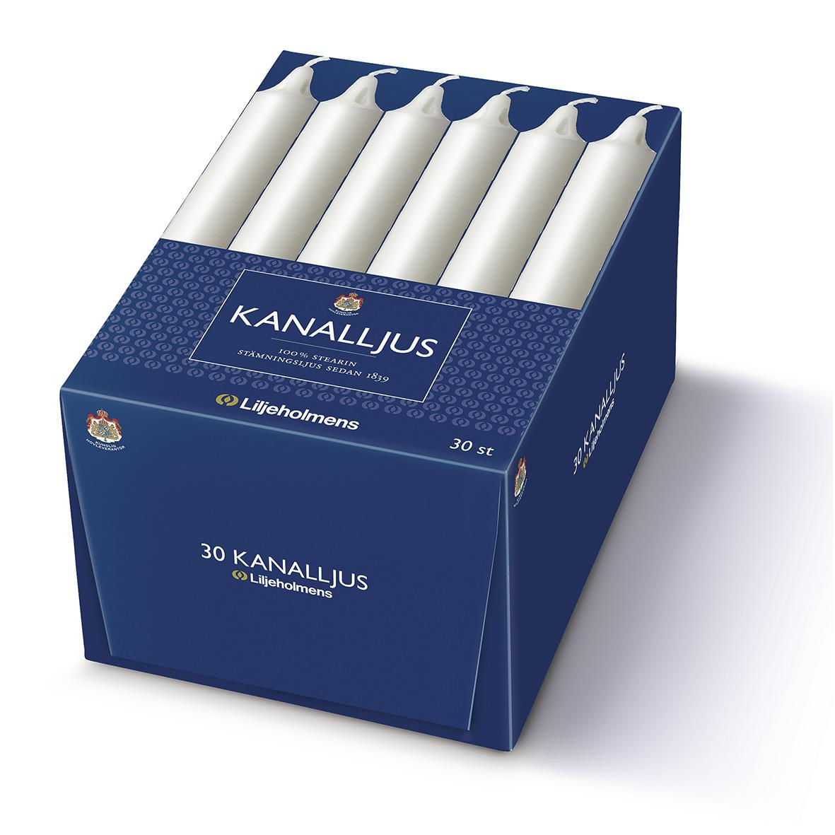 Förpackning med 30 kanalljus Liljeholmens 20cm i blått paket
