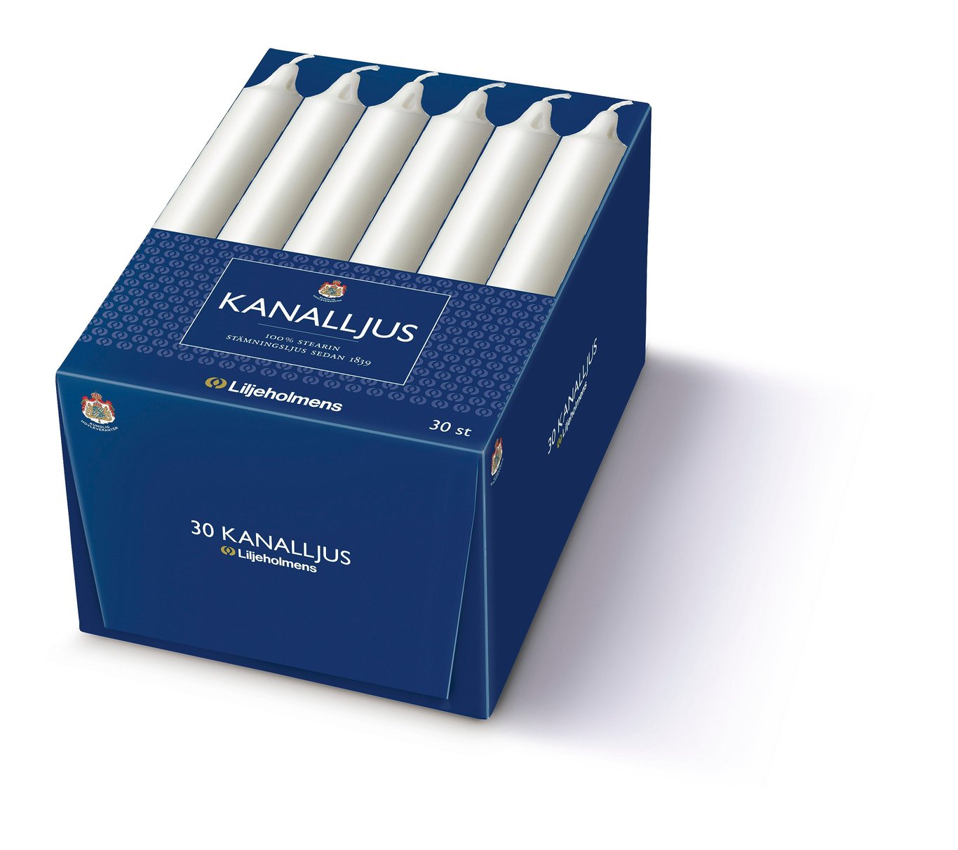Förpackning med 30 kanalljus Liljeholmens 20cm i blått paket