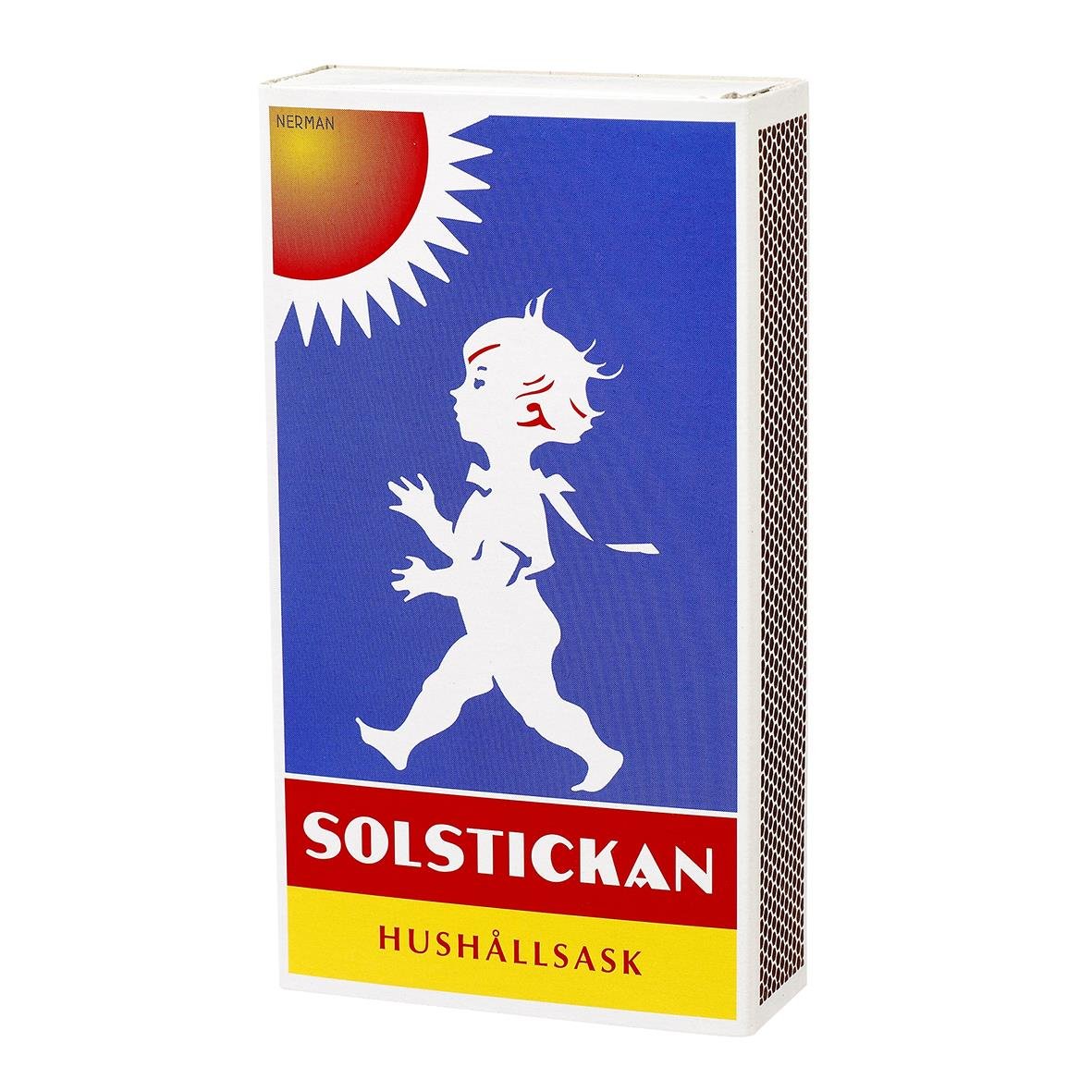 Solstickan tändstickor i hushållsask med blå bakgrund och en vit tecknad pojke