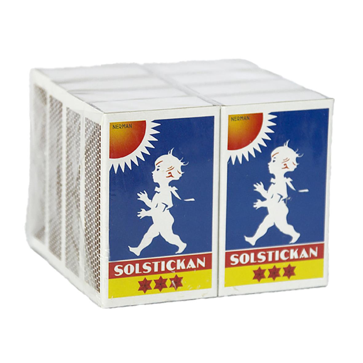 Förpackning med tändstickor av märket Solstickan med tre stjärnor på förpackningen