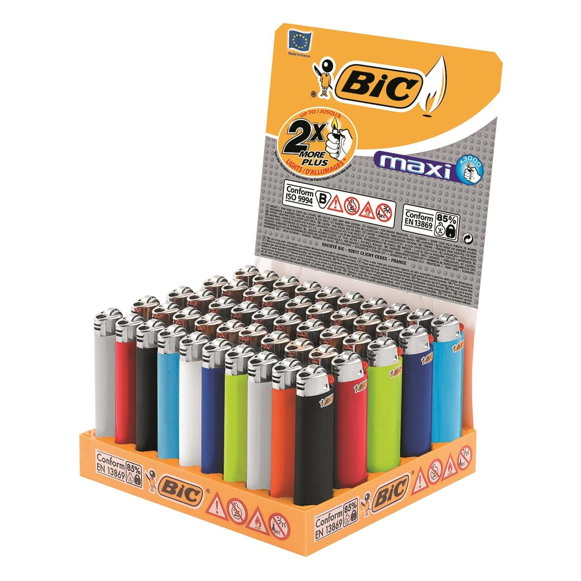 Bic Maxi flimtändare i förpackning med många tändare i olika färger