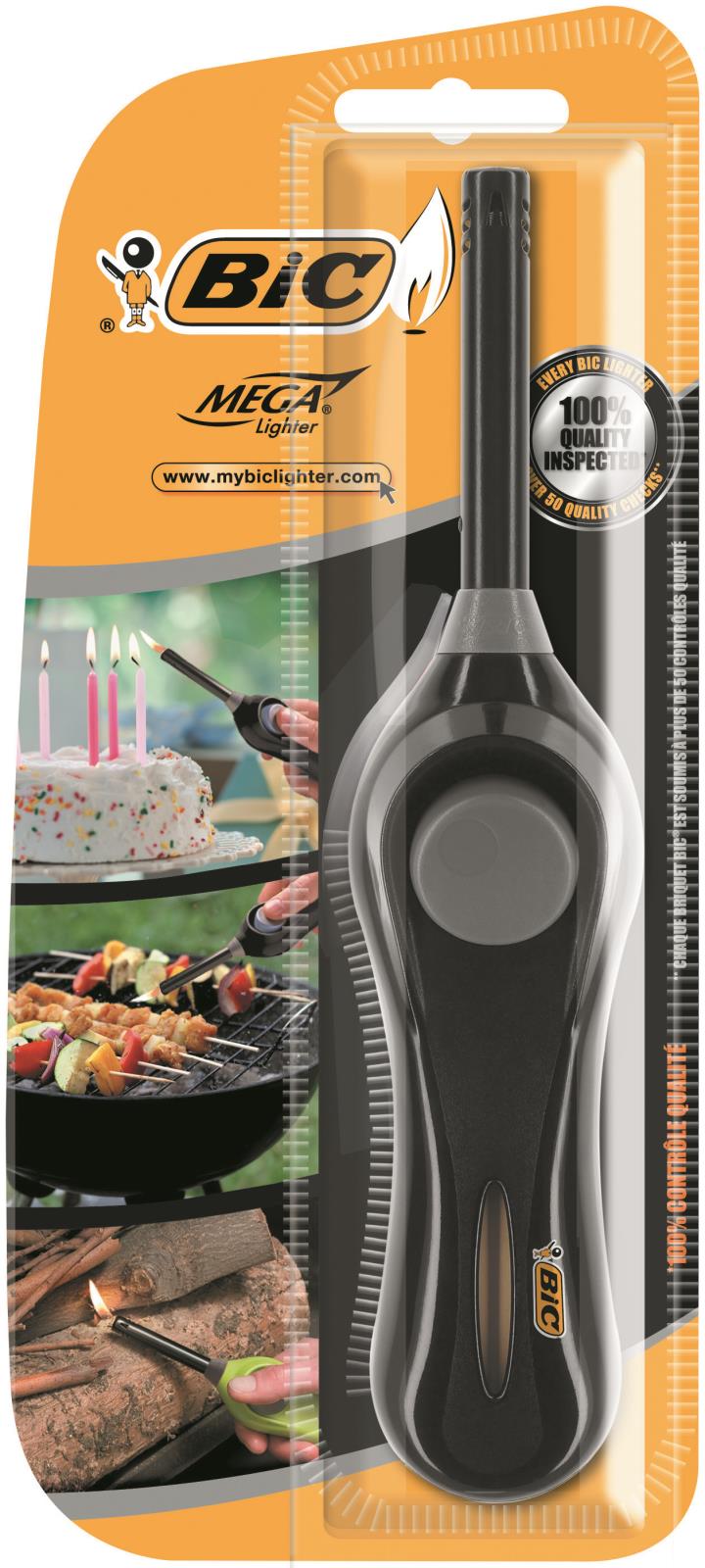 Tändare Bic Ljus Megalighter i förpackning med bilder av tändning av tårta, grill och brasa