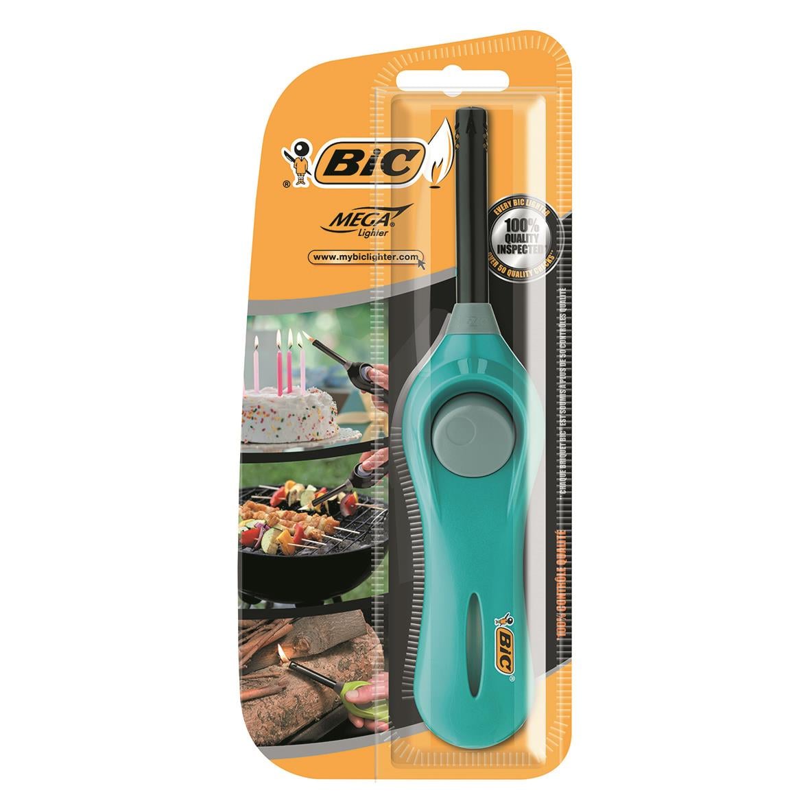 Bic Megalighter tändare i blått och svart, för att tända ljus, grill och brasa, i plastförpackning med bilder av tända ljus och grillmat