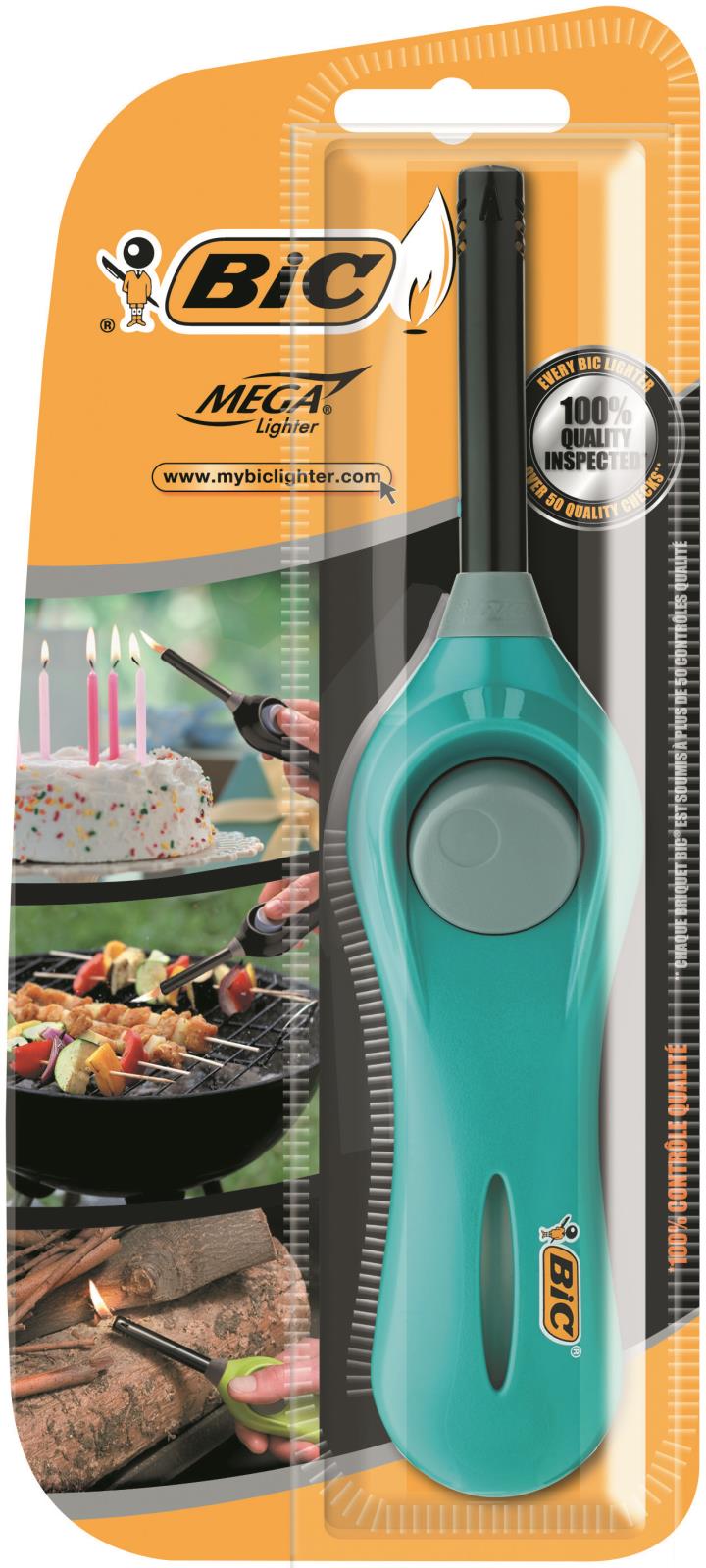 Bic Megalighter tändare i blått och svart, för att tända ljus, grill och brasa, i plastförpackning med bilder av tända ljus och grillmat