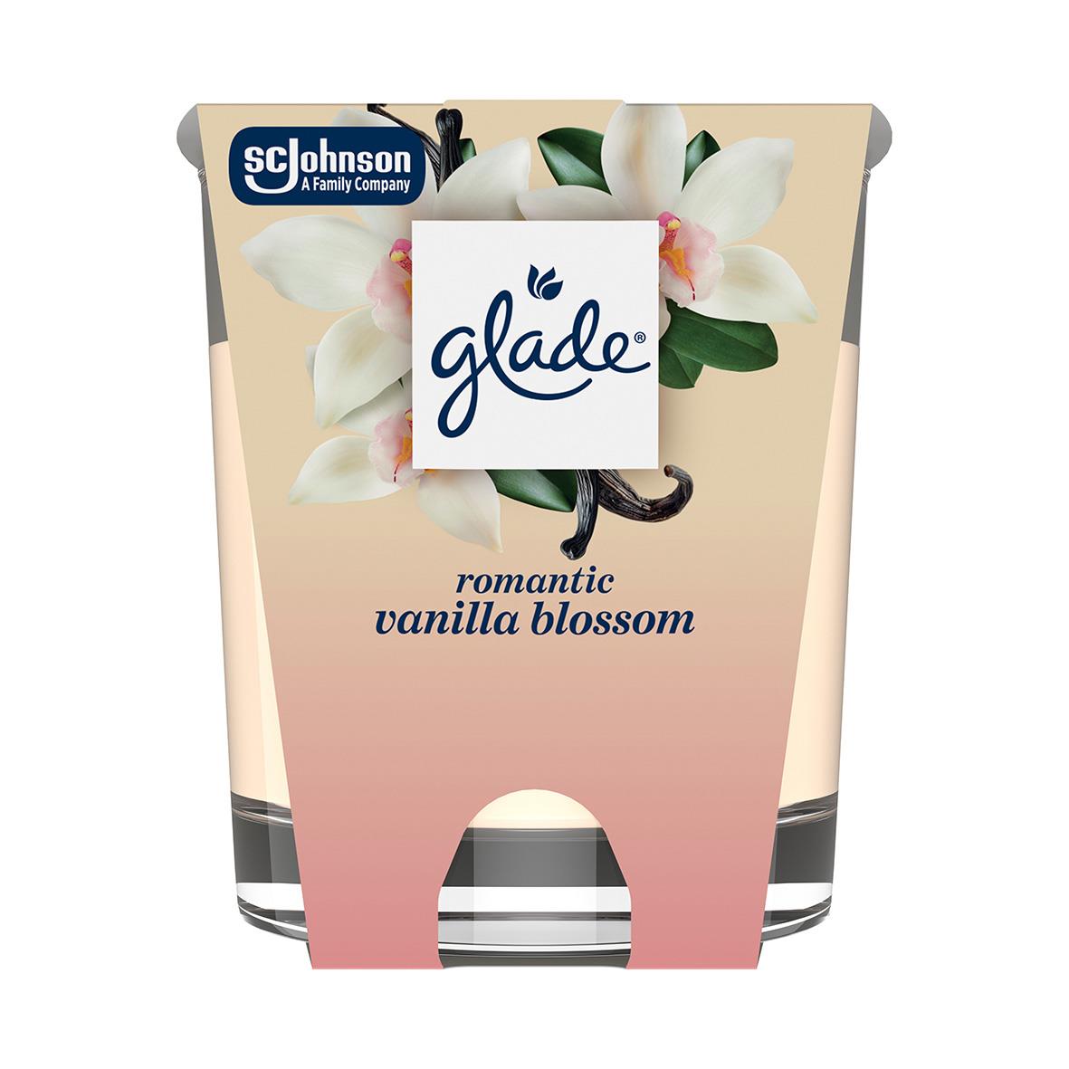 Doftljus Glade Vanilla Blossom 112g med vanilj- och blomsterdoft i två glasbehållare