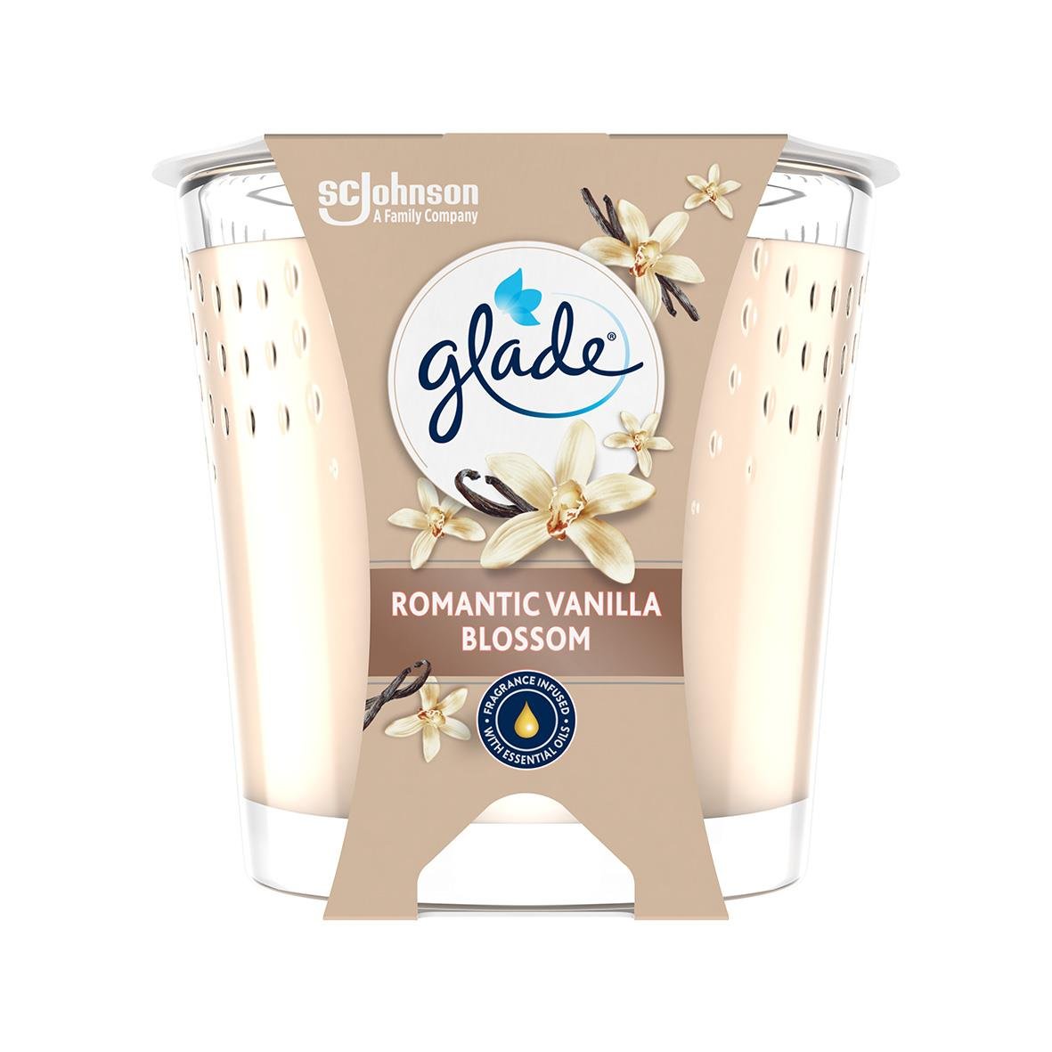 Doftljus Glade Vanilla Blossom 112g med vanilj- och blomsterdoft i två glasbehållare
