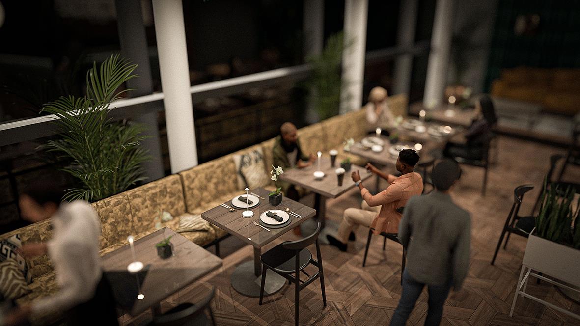 Bordslampa LED Securit Angelina Vit på ett bord i ett restaurang- eller caféutrymme