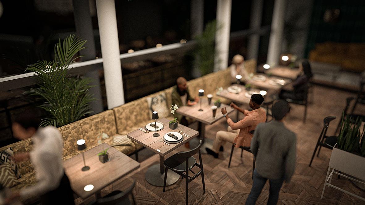 Restaurang eller café med bordslampor och sittplatser, kvällsmiljö