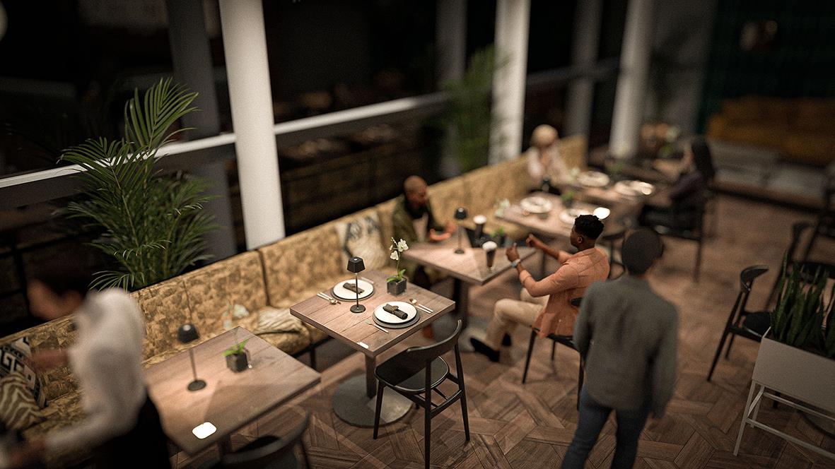 Bordslampa LED Securit Georgina Svart på ett bord i ett restaurang- eller caféutrymme