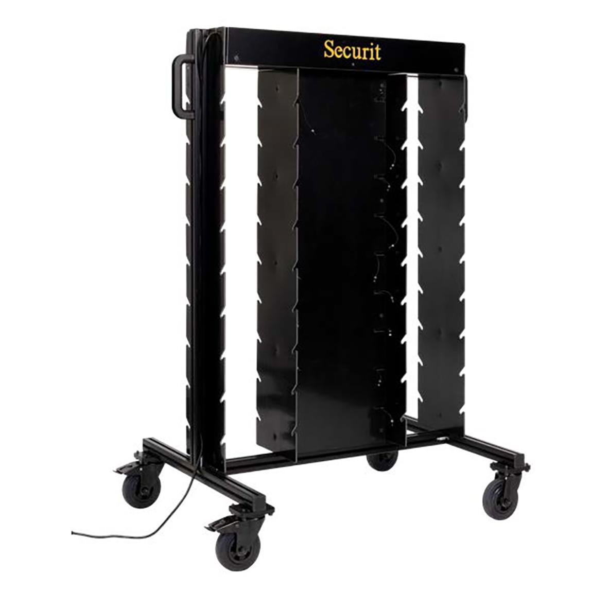 Laddvagn Securit för 36 lampor, svart med hjul och handtag