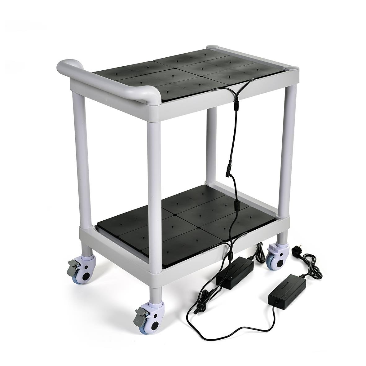 Laddvagn Duni för 24 lampor med två hyllor och hjul, kopplad till strömadapter