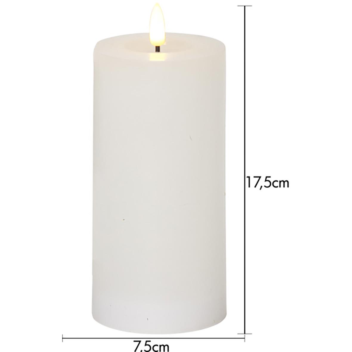 Stor batteridriven LED-ljuskälla i form av ett vitt stearinljus, 17,5 cm högt och 7,5 cm brett