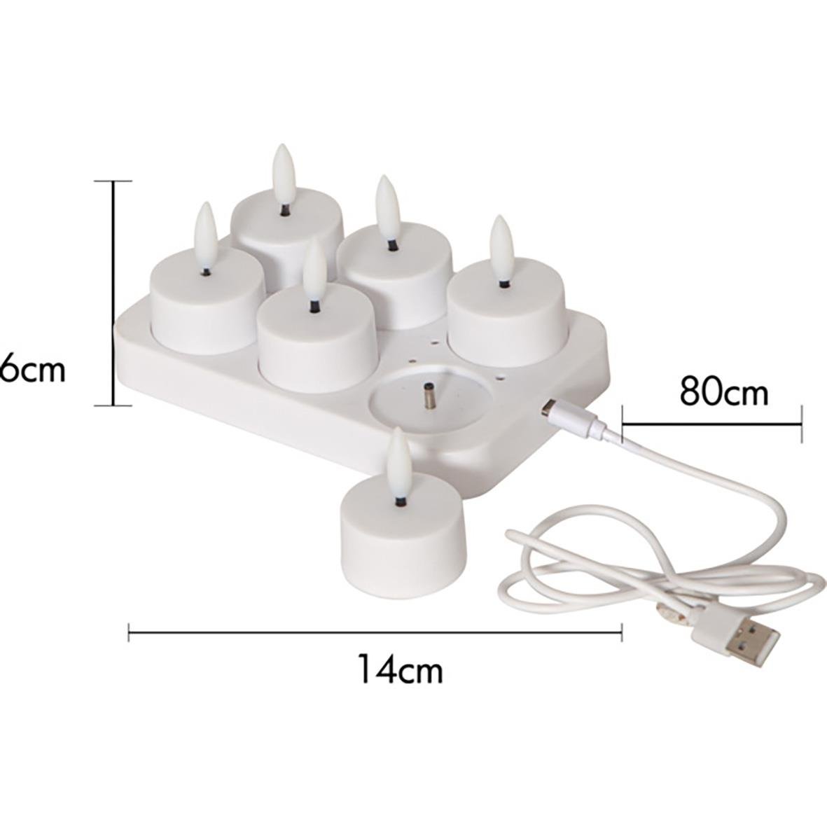 " LED med flammor på en vit platta, laddas via USB, mått 14x8x6 cm"