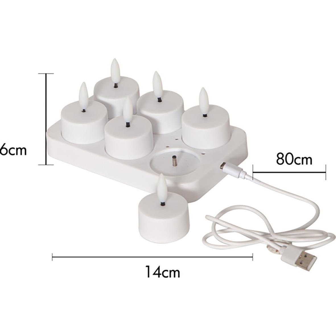 " LED med flammor på en vit platta, laddas via USB, mått 14x8x6 cm"