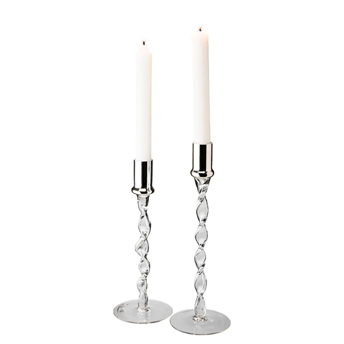 Ljusstake Dorre Glas med silvertopp 27cm med två vita ljus