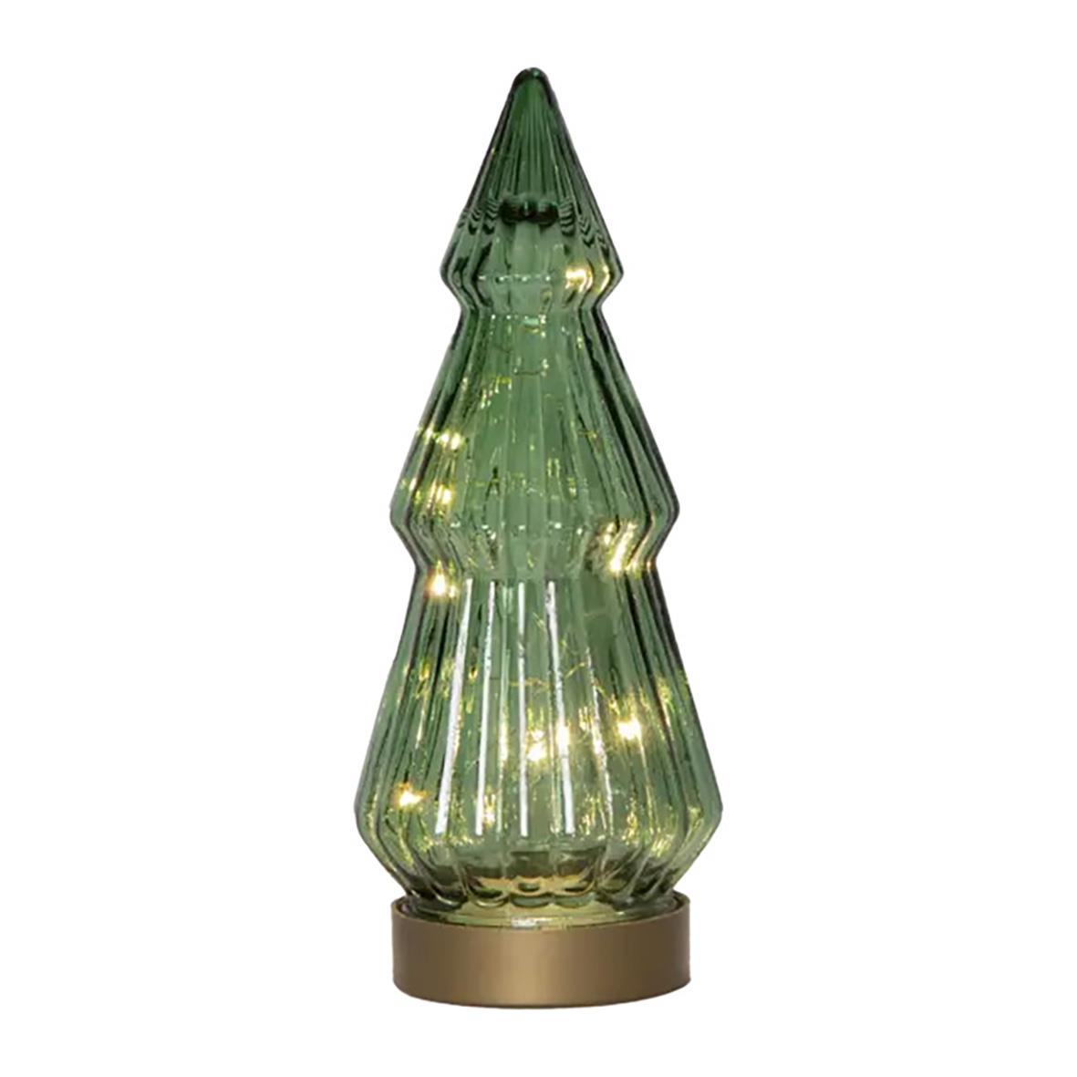 Grön glasdekoration i form av en julgran med inbyggda ljus, 24 cm hög