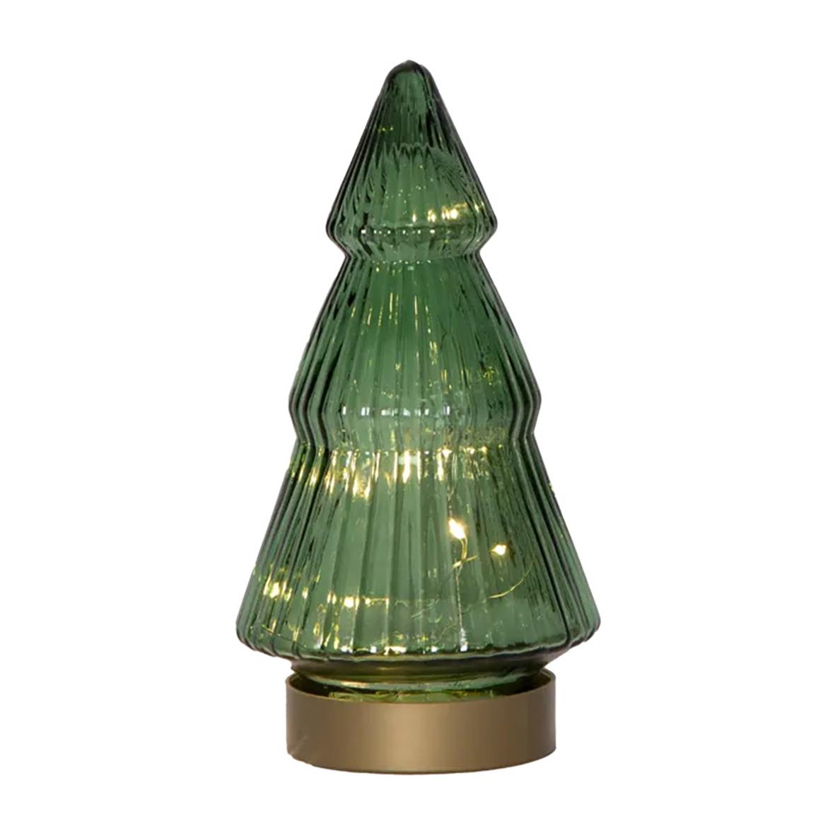 Grön glasdekoration i form av julgran med LED-belysning på rund bas