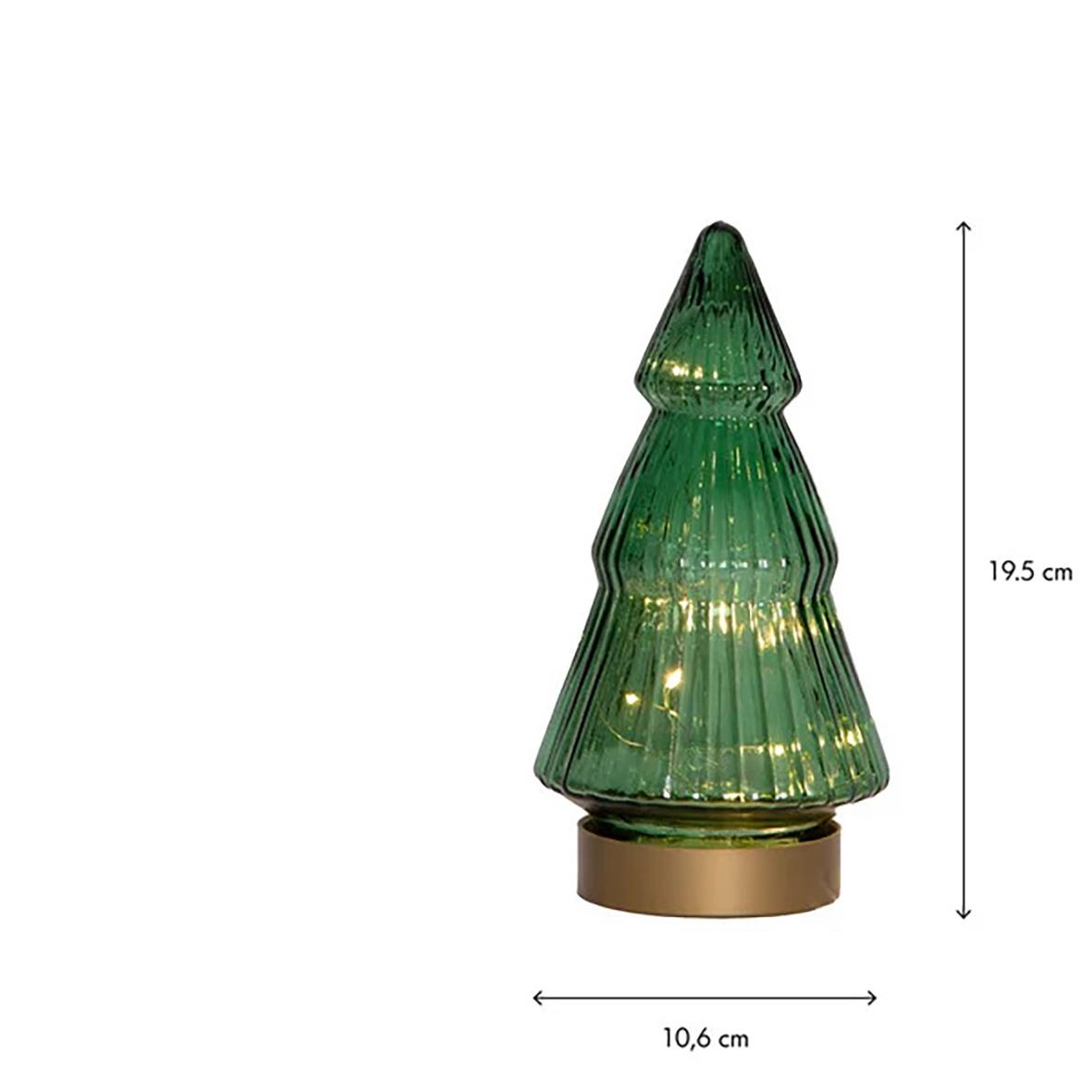 Grön glasdekoration i form av en julgran med LED-ljus, höjd 19,5 cm och basdiameter 10,6 cm
