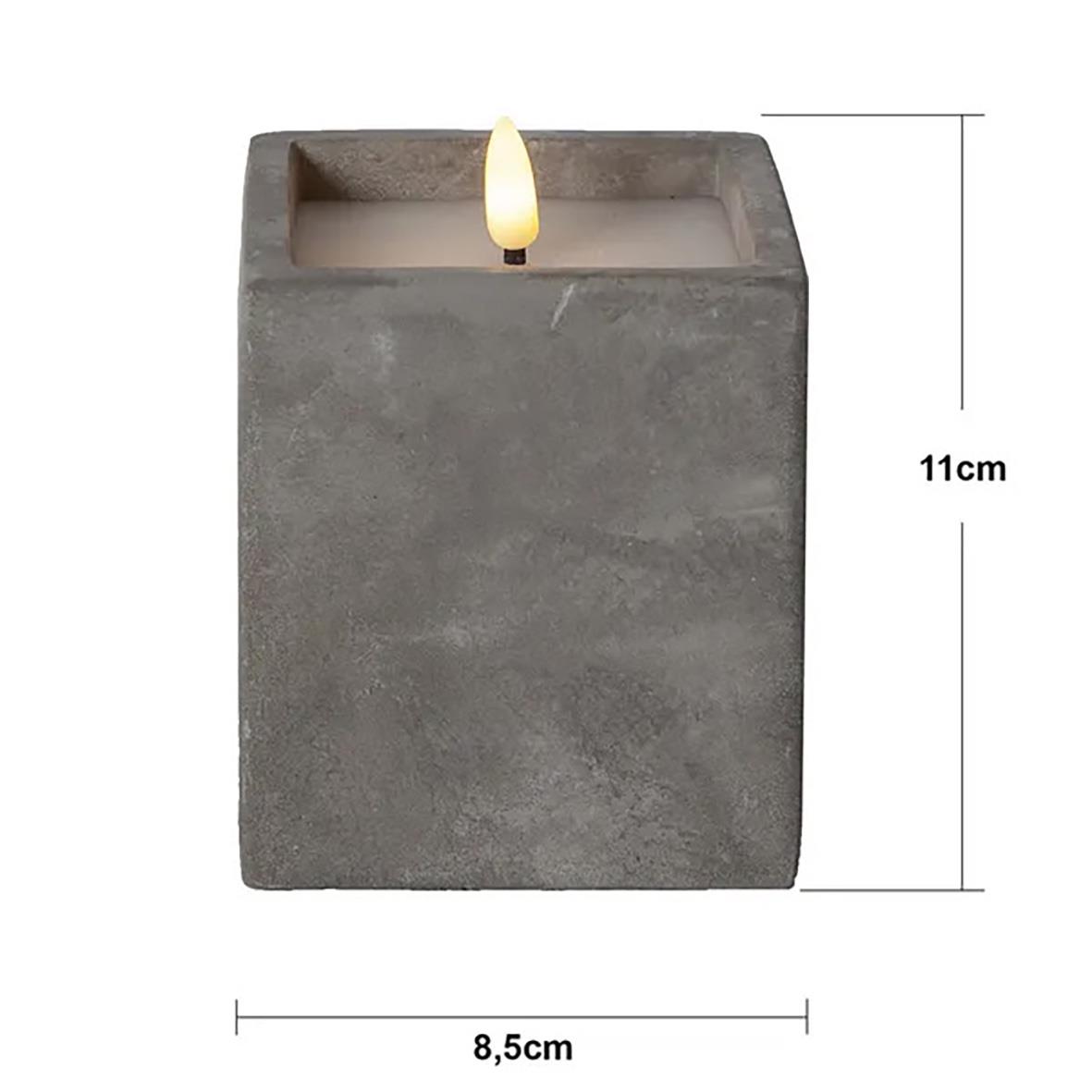 Grå blockljus i cementstil med LED-flamma, höjd 11,5 cm, bredd 8,5 cm