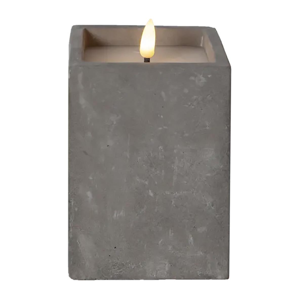 Grå blockljus med LED-flamma i betongliknande design, höjd 14,5 cm