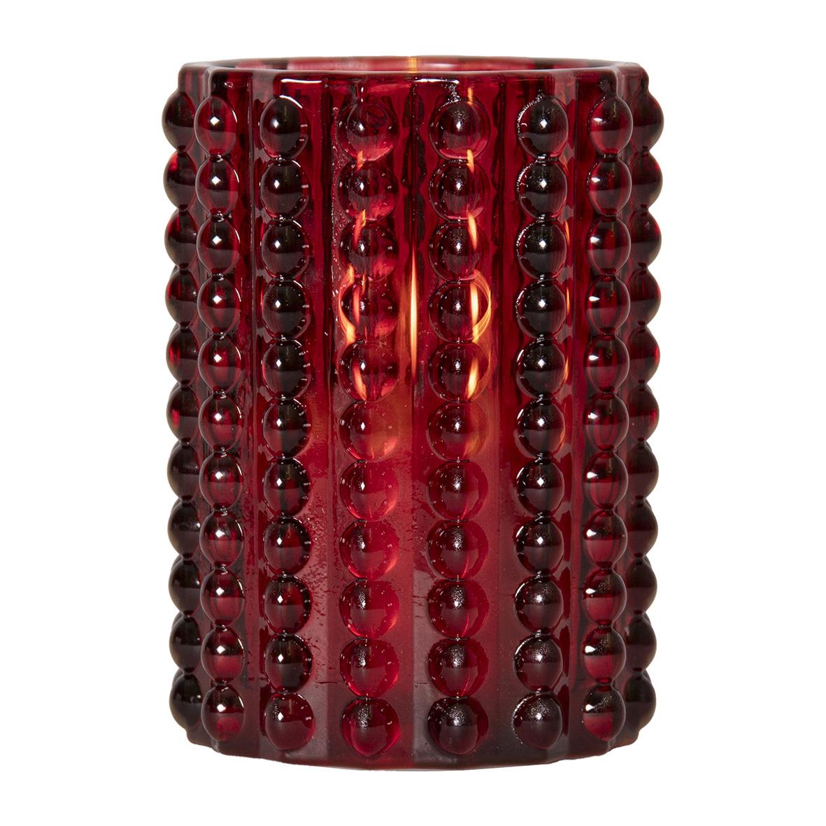 Röd glaslykta med LED-flamma och dekorativa svarta och röda pärlor, 12,5 cm hög