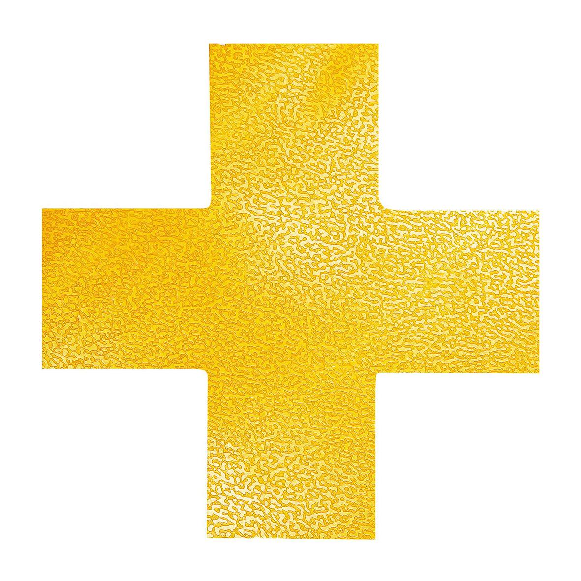 Gul golvmarkering i form av ett kryss för tydlig vägledning eller markering