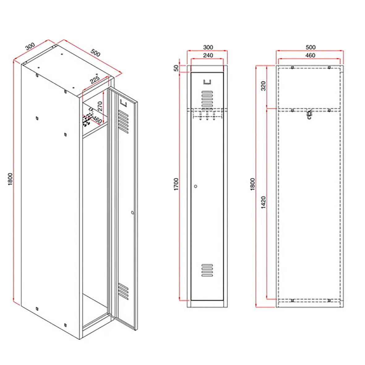 Klädskåp med 1-dörr, mörkgrå, mått 1800x600x500mm, två modul, teknisk ritning