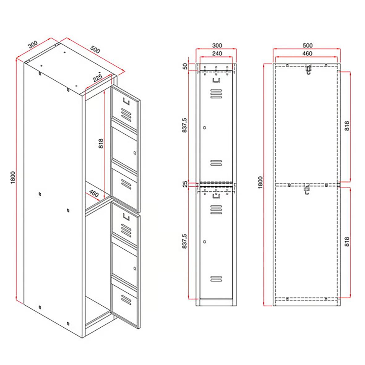 Klädskåp med tre moduler i mörkgrå, mått 1800x900x500mm, visar skiss och dimensioner