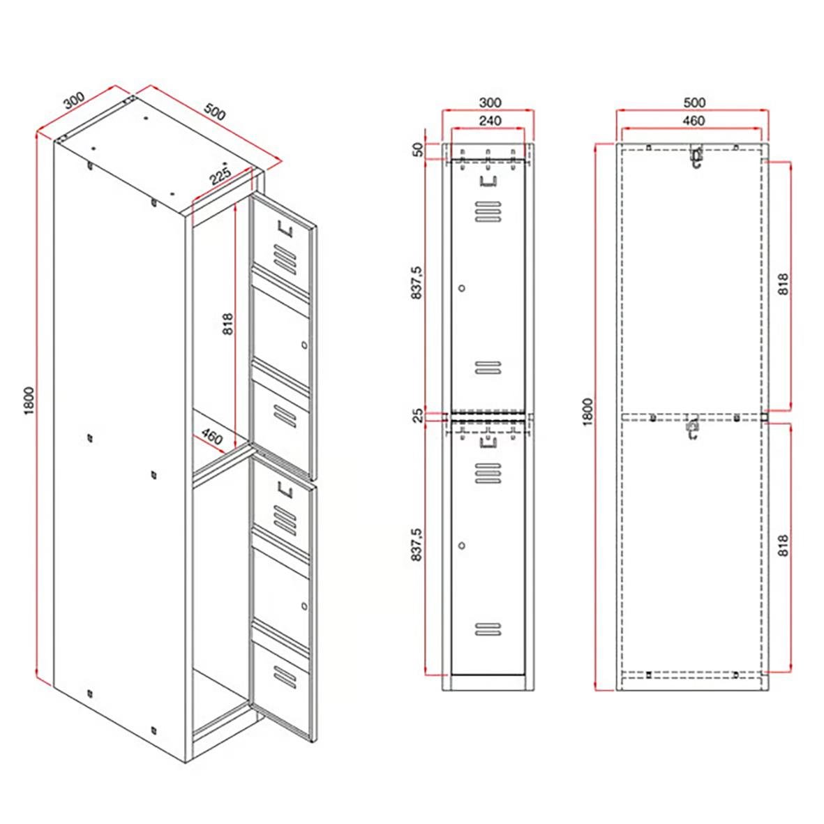 Klädskåp med tre moduler i mörkgrå färg, mått 1800x1200x500mm, två dörrar, diagram med mått och konstruktion