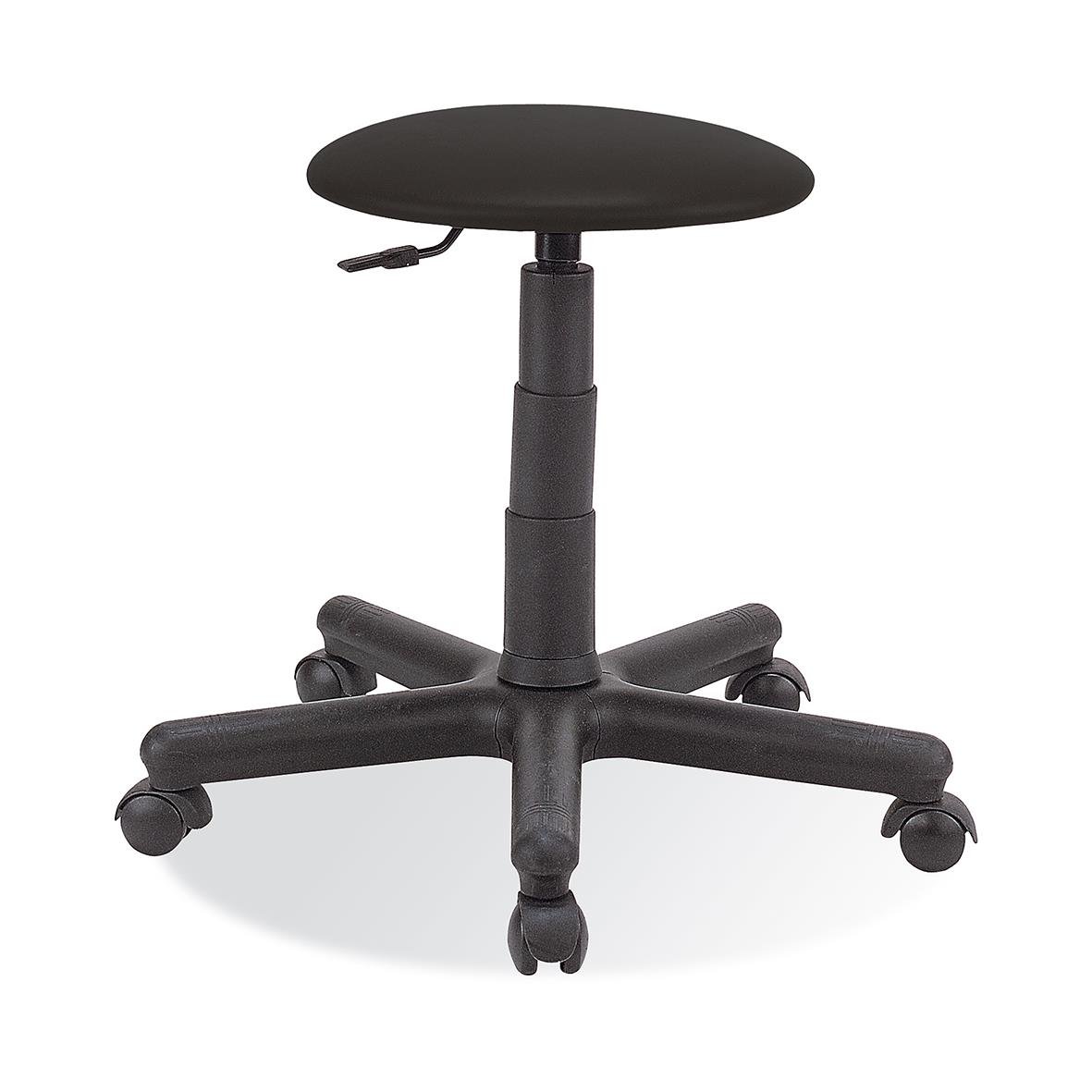 Svart industristol med låg sits och vinylklädsel, hjul för enkel flytt