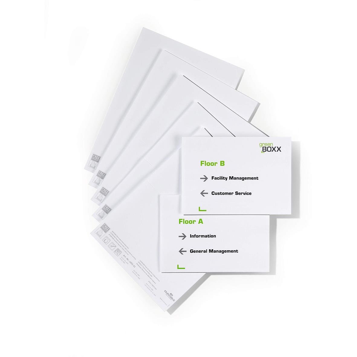 Vit informationsskylt i A5 storlek 210x148mm med anpassningsbar insättning för skyltar