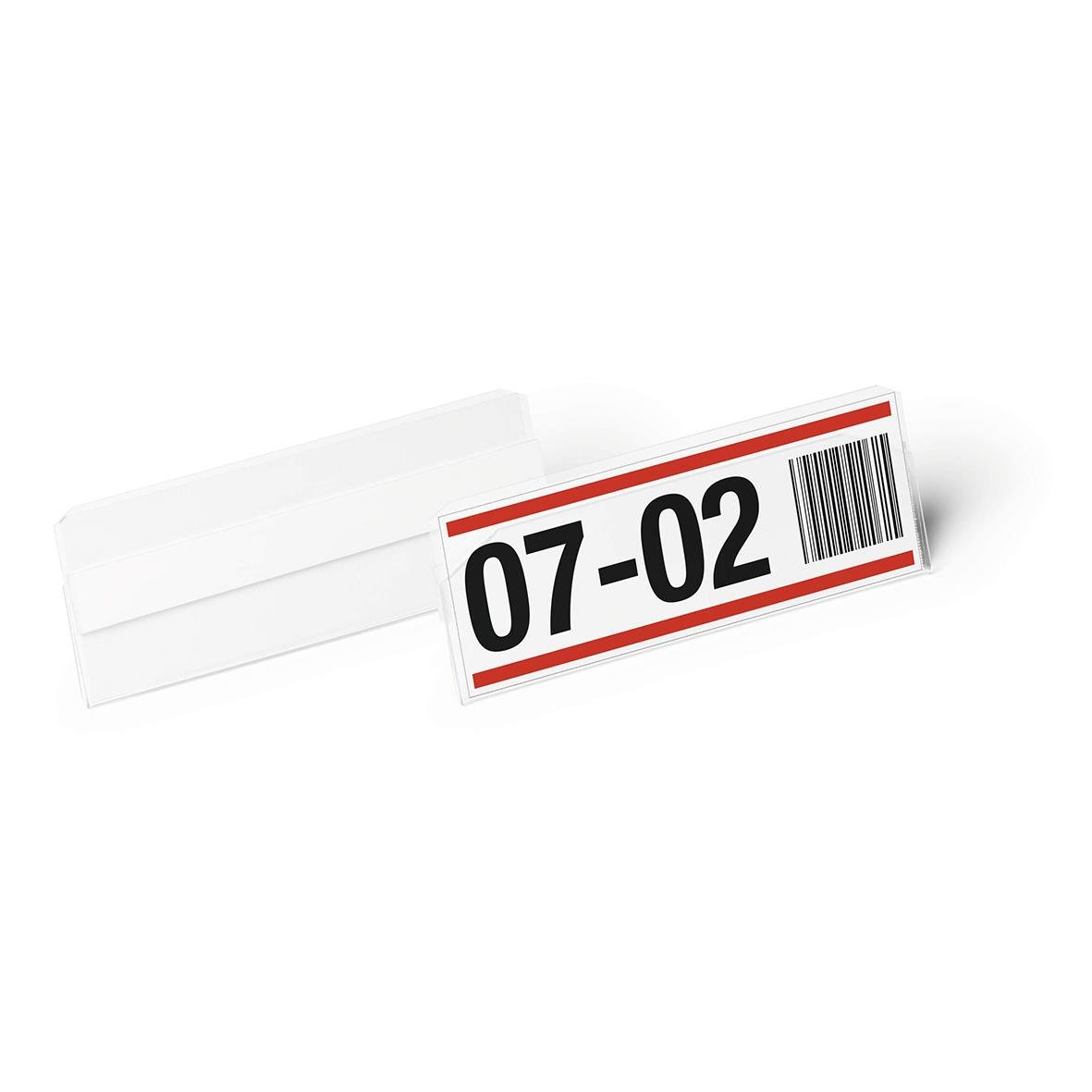 Självhäftande etiketthållare i hårdplast med barcode och nummer 07-02, transparent, 100x38mm