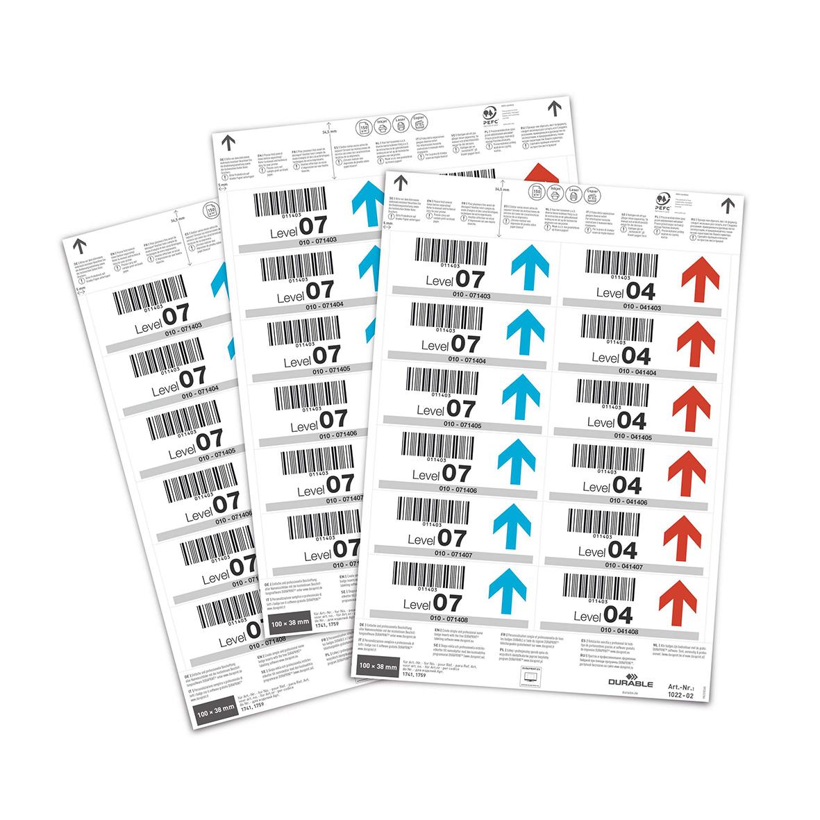 " etikett till etikethållare med 100x38mm storlek, visar olika etikettlayouter med pilar och text"