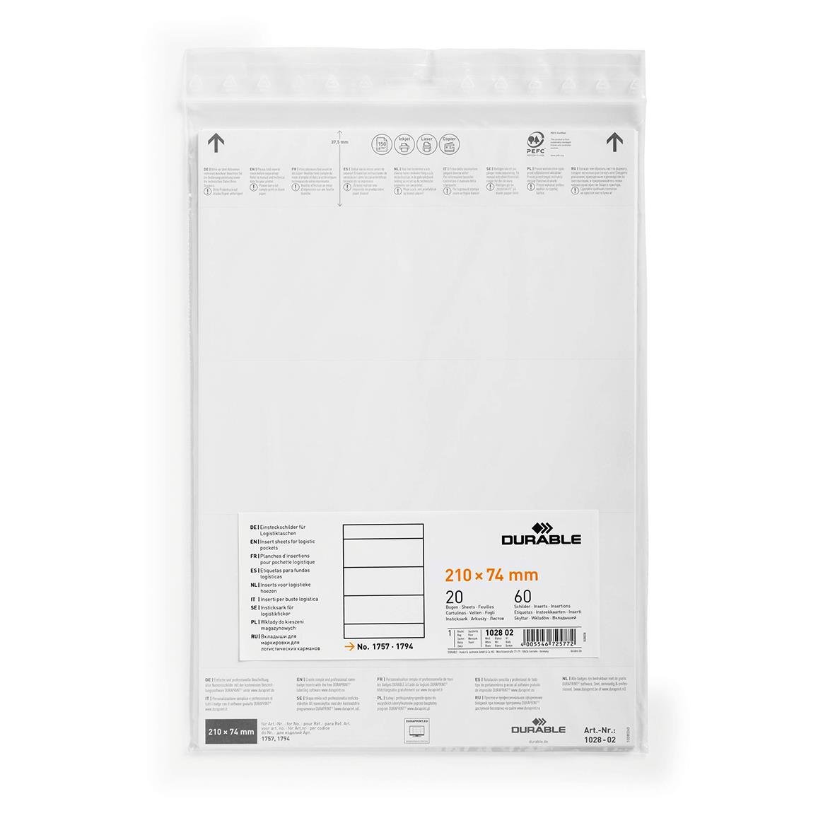 Vit etikett till etikettbärare, storlek 210x74mm, förvaringspåse