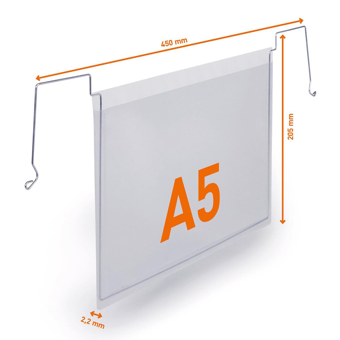 Transparent plastficka med ståltrådsfäste för A5 dokument, mått 450x205 mm, 2,2 mm tjock
