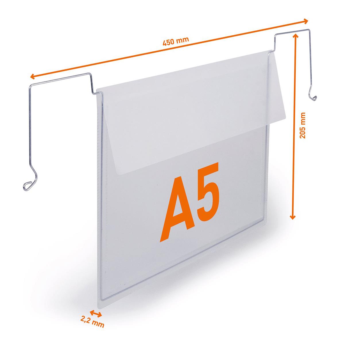 Transparent plastficka för A5 med flik och ståltrådsfäste, mått 450x205x2.2 mm