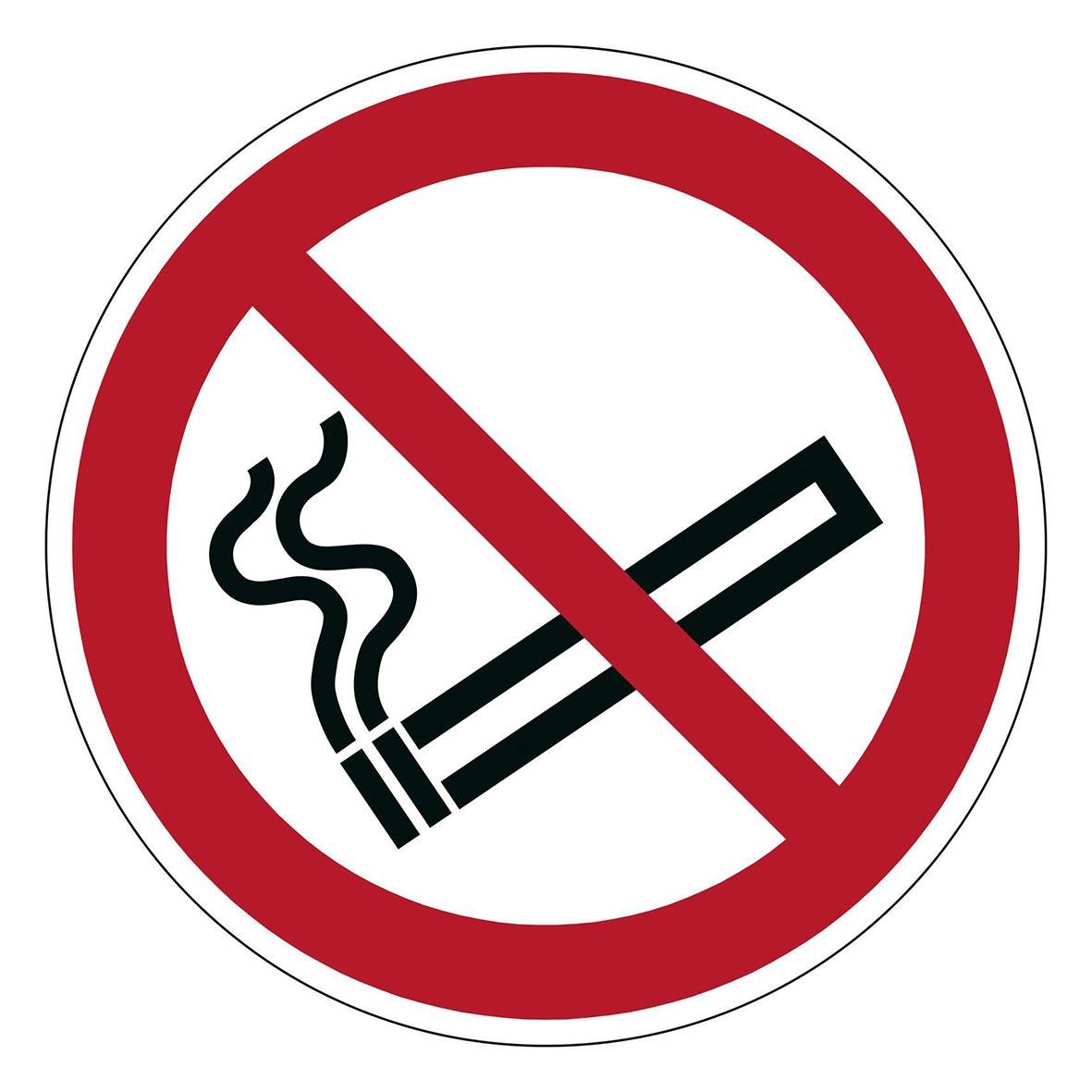 Varningsskylt för rökning förbjuden med röd cirkel och cigarettsymbol