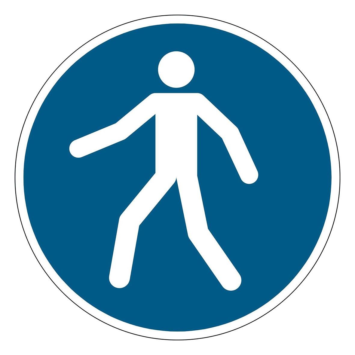 Blå varseldekal med gående symbol och text Gående hänvisas hit, Ø430mm