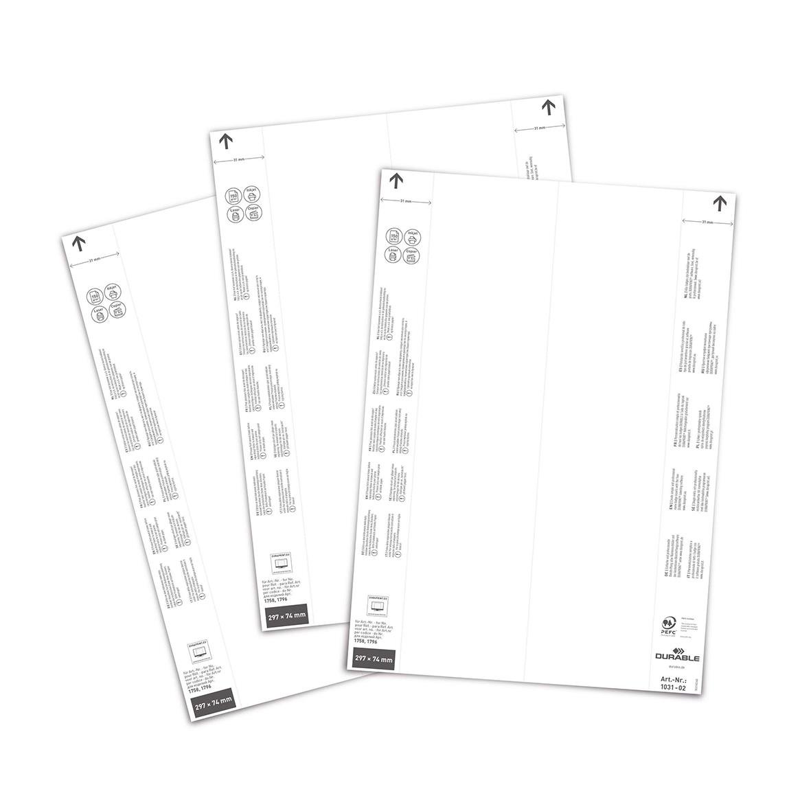 Vit etikettark för etikettbärare, storlek 297x74mm, tre ark visas