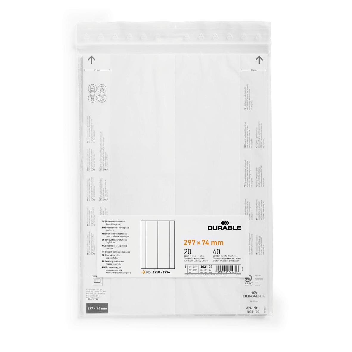 Vit etikettark Durable 297x74mm för etikethållare, pack om 20 eller 40 stycken