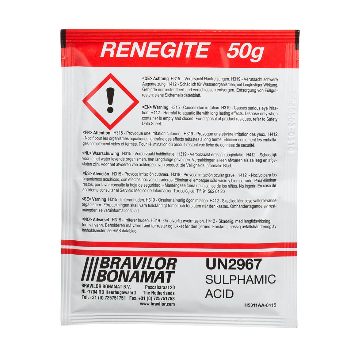 Rött avkalkningsmedel för kaffemaskin Bonamat Renegite 50g med varningssymbol och instruktioner