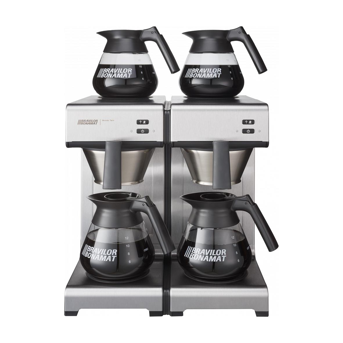 Två kaffebryggare med fyra kannor på ett ställning, svart och silver design